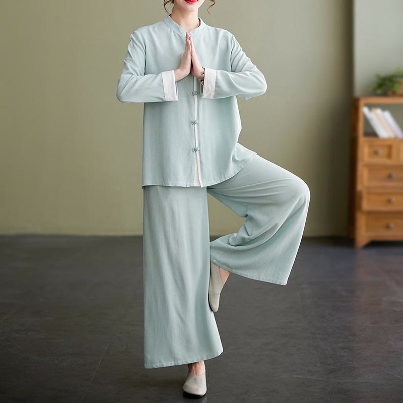 Ensemble de 2 Buddha Stones en coton et lin pour femme avec chemise à manches longues et pantalon de méditation Zen Tai Chi
