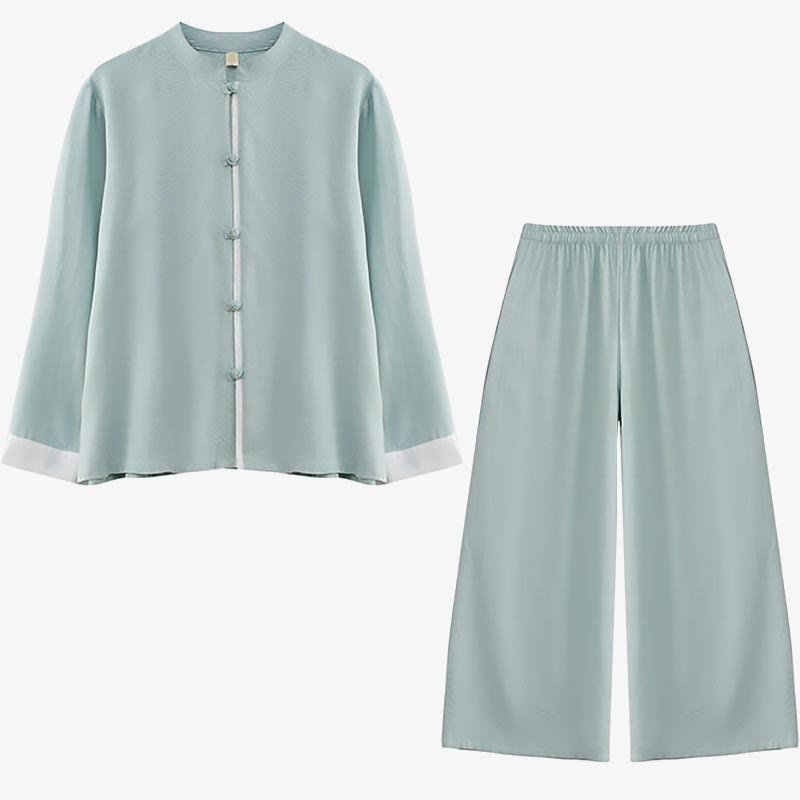 Ensemble de 2 Buddha Stones en coton et lin pour femme avec chemise à manches longues et pantalon de méditation Zen Tai Chi