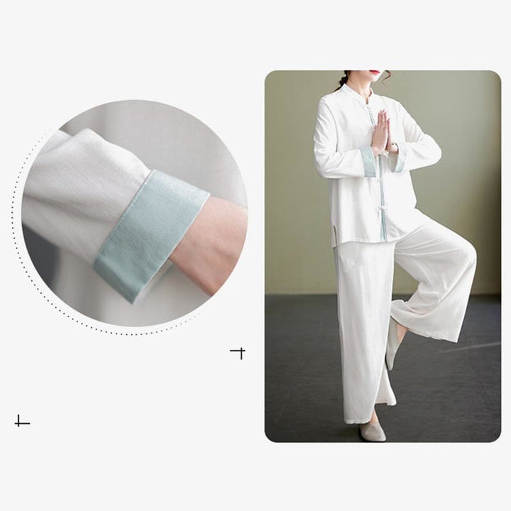 Ensemble de 2 Buddha Stones en coton et lin pour femme avec chemise à manches longues et pantalon de méditation Zen Tai Chi