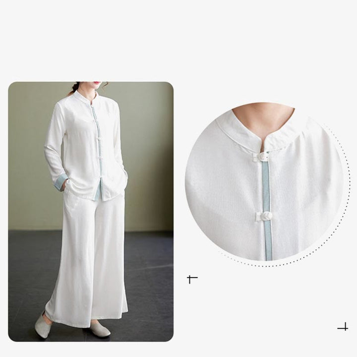 Ensemble de 2 Buddha Stones en coton et lin pour femme avec chemise à manches longues et pantalon de méditation Zen Tai Chi