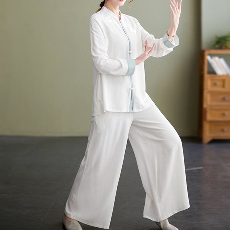 Ensemble de 2 Buddha Stones en coton et lin pour femme avec chemise à manches longues et pantalon de méditation Zen Tai Chi