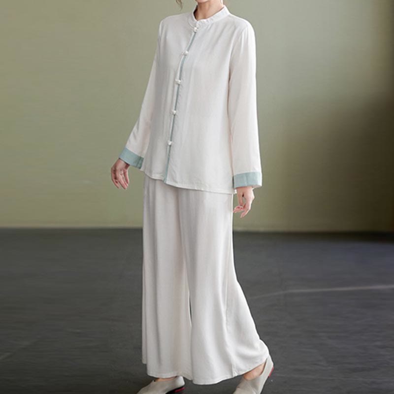 Ensemble de 2 Buddha Stones en coton et lin pour femme avec chemise à manches longues et pantalon de méditation Zen Tai Chi