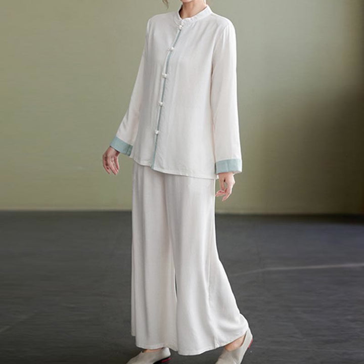 Ensemble de 2 Buddha Stones en coton et lin pour femme avec chemise à manches longues et pantalon de méditation Zen Tai Chi