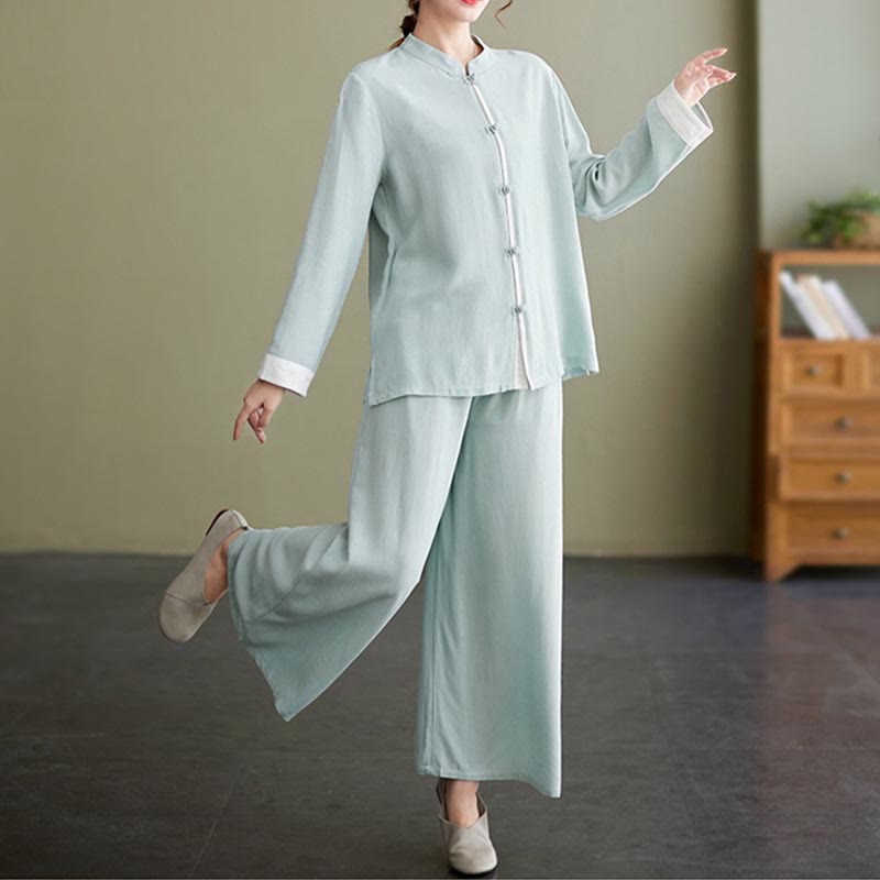 Ensemble de 2 Buddha Stones en coton et lin pour femme avec chemise à manches longues et pantalon de méditation Zen Tai Chi