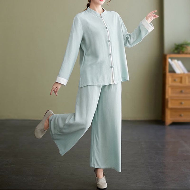 Ensemble de 2 Buddha Stones en coton et lin pour femme avec chemise à manches longues et pantalon de méditation Zen Tai Chi