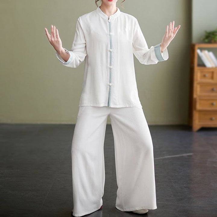 Ensemble de 2 Buddha Stones en coton et lin pour femme avec chemise à manches longues et pantalon de méditation Zen Tai Chi