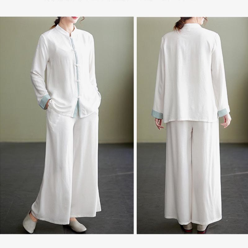 Ensemble de 2 Buddha Stones en coton et lin pour femme avec chemise à manches longues et pantalon de méditation Zen Tai Chi