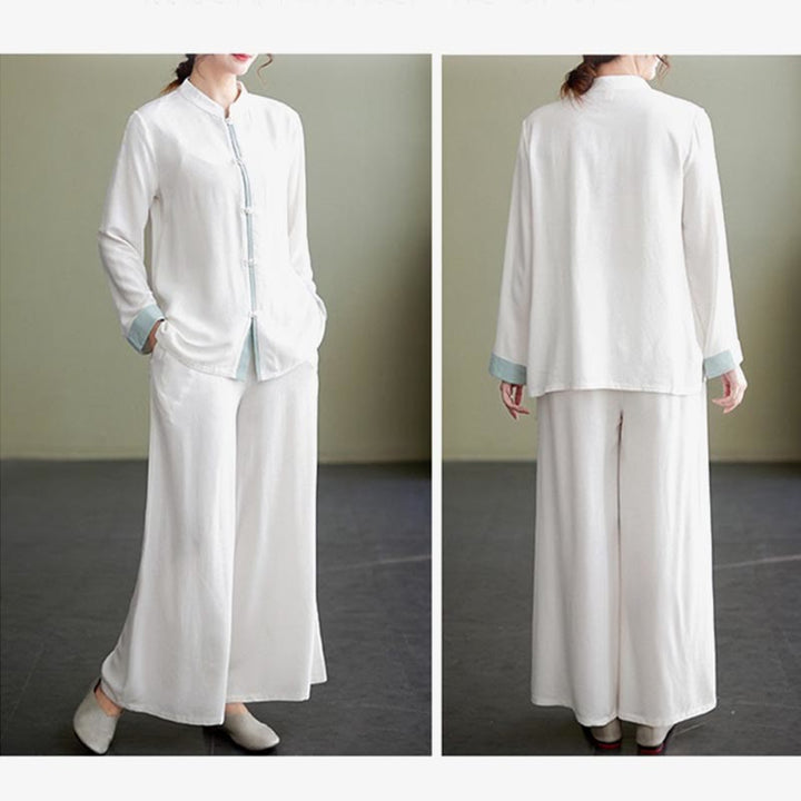 Ensemble de 2 Buddha Stones en coton et lin pour femme avec chemise à manches longues et pantalon de méditation Zen Tai Chi