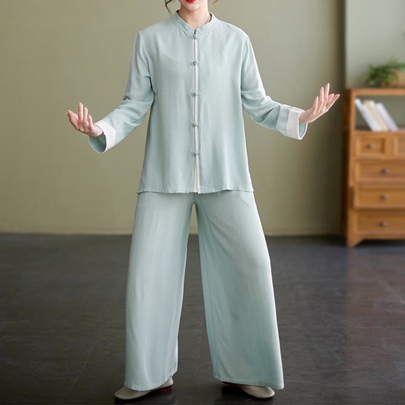 Ensemble de 2 Buddha Stones en coton et lin pour femme avec chemise à manches longues et pantalon de méditation Zen Tai Chi
