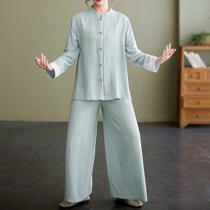 Ensemble de 2 Buddha Stones en coton et lin pour femme avec chemise à manches longues et pantalon de méditation Zen Tai Chi