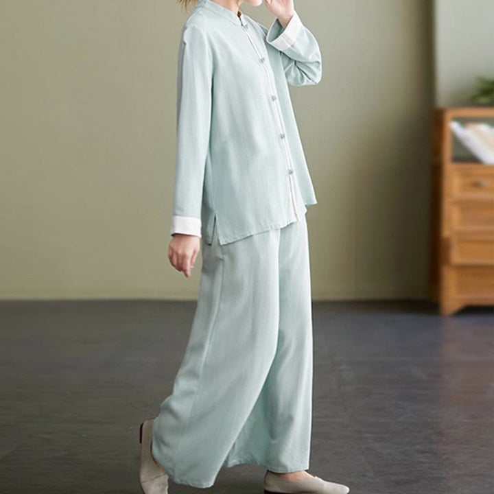 Ensemble de 2 Buddha Stones en coton et lin pour femme avec chemise à manches longues et pantalon de méditation Zen Tai Chi