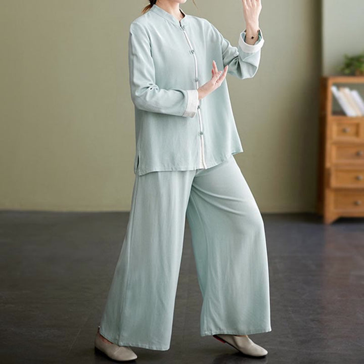 Ensemble de 2 Buddha Stones en coton et lin pour femme avec chemise à manches longues et pantalon de méditation Zen Tai Chi