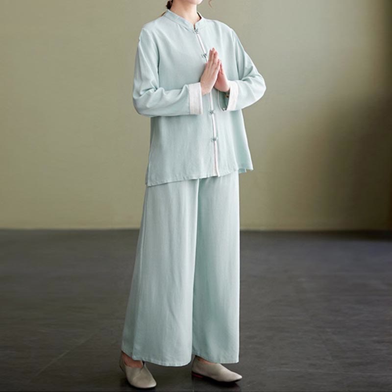 Ensemble de 2 Buddha Stones en coton et lin pour femme avec chemise à manches longues et pantalon de méditation Zen Tai Chi