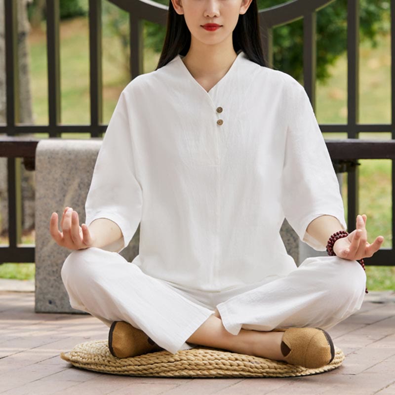 Ensemble 2 pièces chemise et pantalon Buddha Stones pour femme, méditation, zen, tai-chi, coton et lin - Blanc (haut et pantalon) - US8-10，UK/AU12-14，EU40-42 (2XL) - image 0