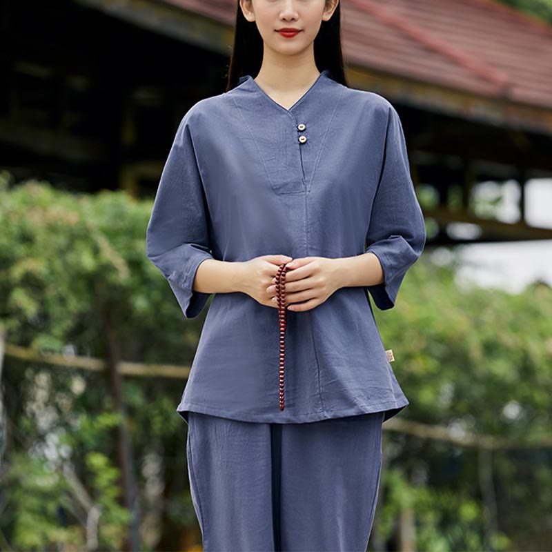 Ensemble 2 pièces chemise et pantalon Buddha Stones pour femme, méditation, zen, tai-chi, coton et lin - Bleu (haut et pantalon) - US8-10，UK/AU12-14，EU40-42 (2XL) - image 14