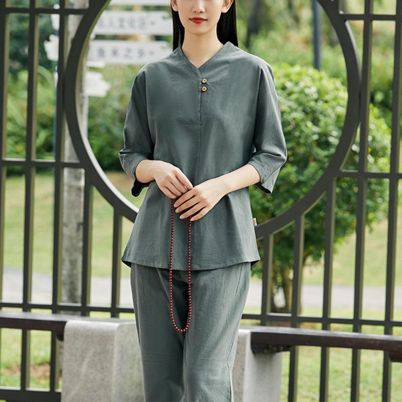 Ensemble 2 pièces chemise et pantalon Buddha Stones pour femme, méditation, zen, tai-chi, coton et lin - Vert (haut et pantalon) - US8-10，UK/AU12-14，EU40-42 (2XL) - image 17