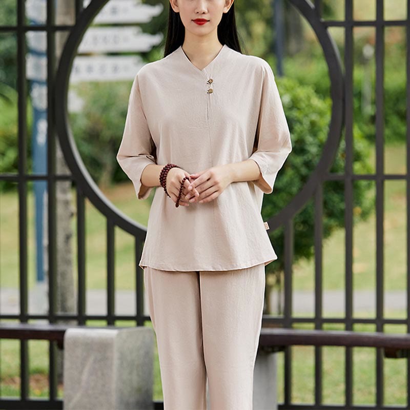 Ensemble 2 pièces chemise et pantalon Buddha Stones pour femme, méditation, zen, tai-chi, coton et lin - Kaki (Haut et pantalon) - US8-10，UK/AU12-14，EU40-42 (2XL) - image 6