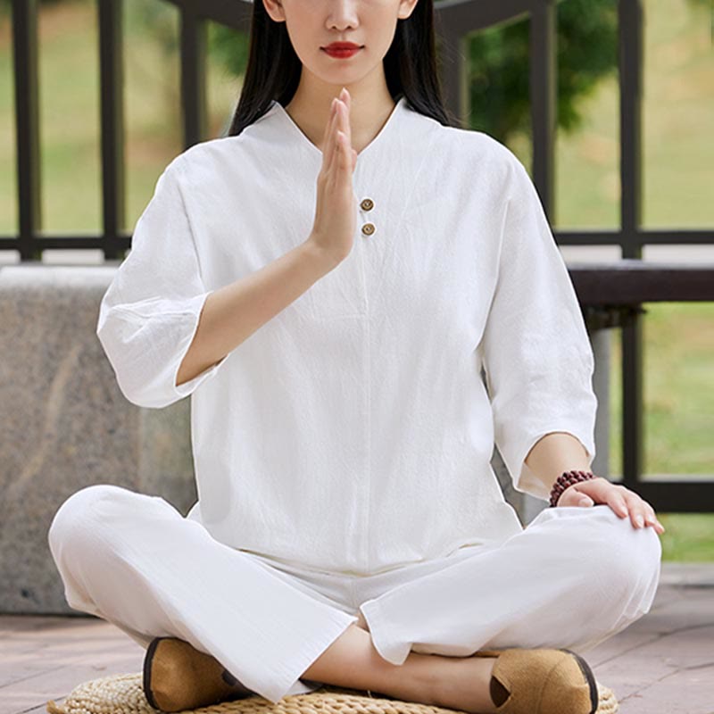 Ensemble 2 pièces chemise et pantalon Buddha Stones pour femme, méditation, zen, tai-chi, coton et lin - image 1