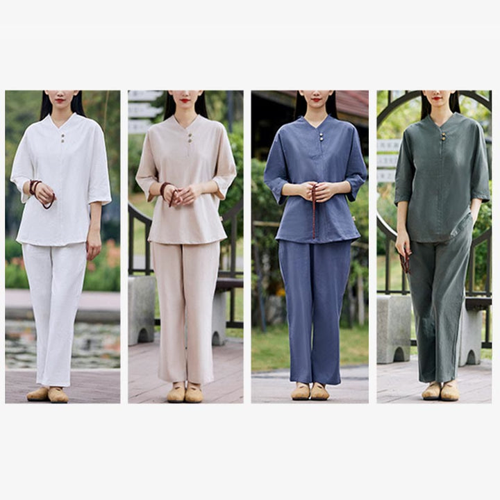 Ensemble 2 pièces chemise et pantalon Buddha Stones pour femme, méditation, zen, tai-chi, coton et lin - image 20