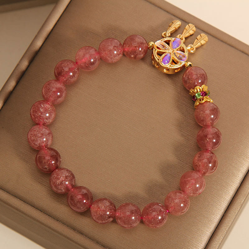 Bracelet attrape-rêves à quatre feuilles en quartz fraise naturel Buddha Stones