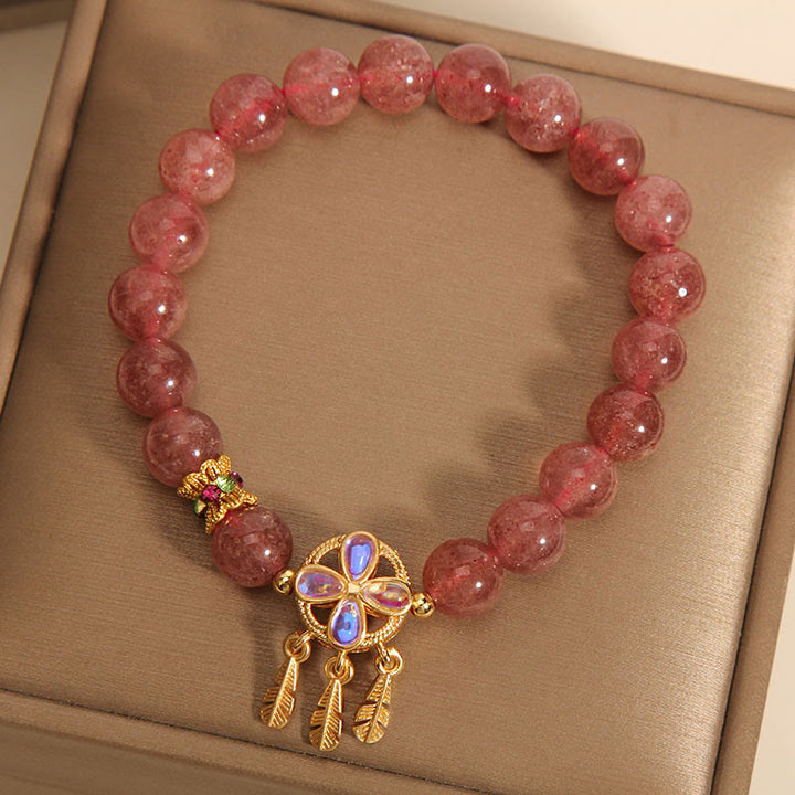Bracelet attrape-rêves à quatre feuilles en quartz fraise naturel Buddha Stones