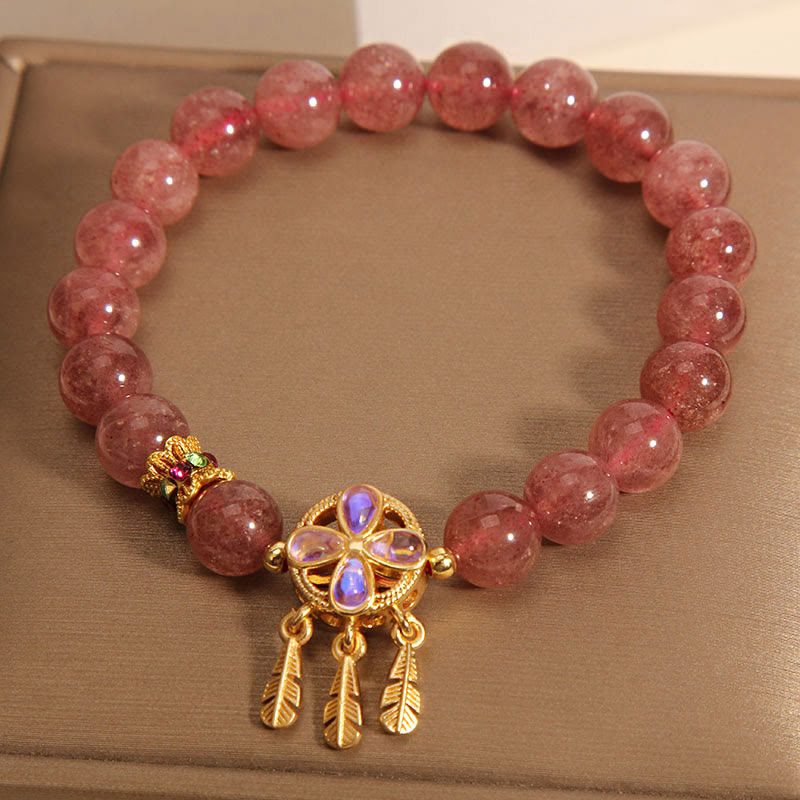 Bracelet attrape-rêves à quatre feuilles en quartz fraise naturel Buddha Stones