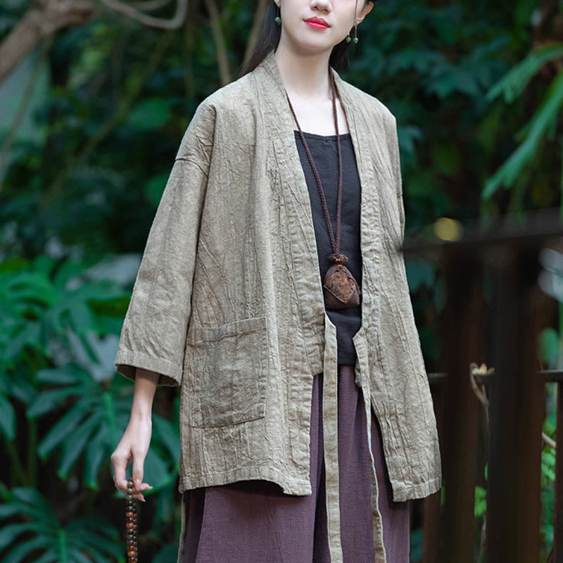 Manteau en lin ramie à manches trois-quarts avec motif Hanfu et Buddha Stones, veste ouverte sur le devant - image 2