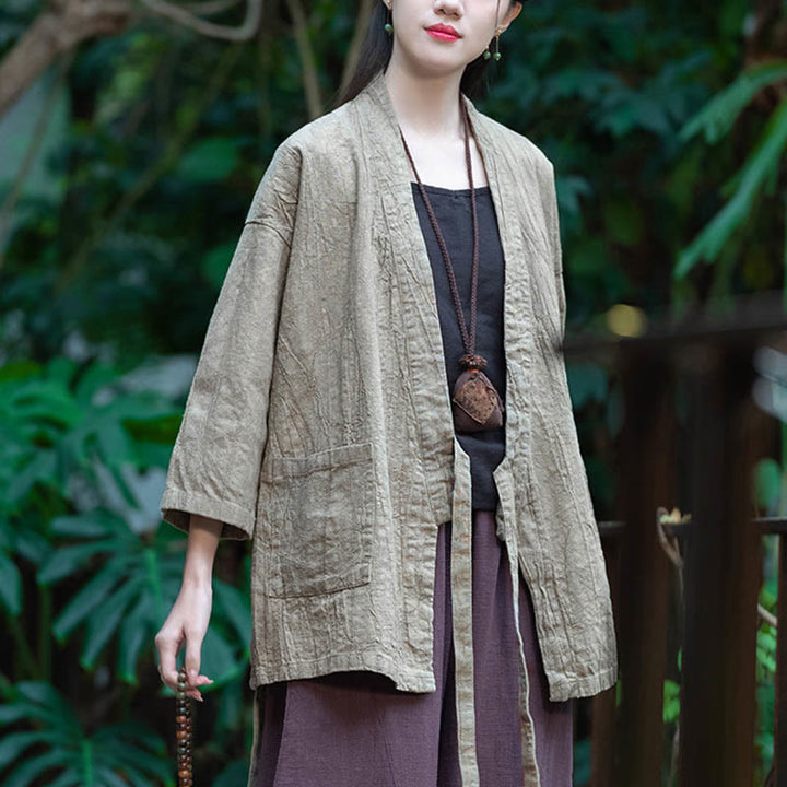 Manteau en lin ramie à manches trois-quarts avec motif Hanfu et Buddha Stones, veste ouverte sur le devant - image 2