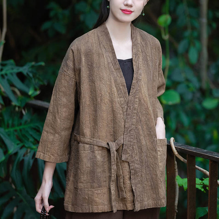 Manteau en lin ramie à manches trois-quarts avec motif Hanfu et Buddha Stones, veste ouverte sur le devant - image 15