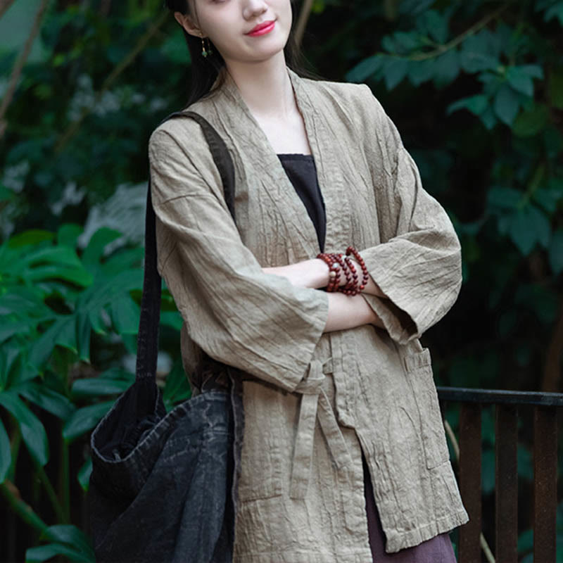 Manteau en lin ramie à manches trois-quarts avec motif Hanfu et Buddha Stones, veste ouverte sur le devant - image 1