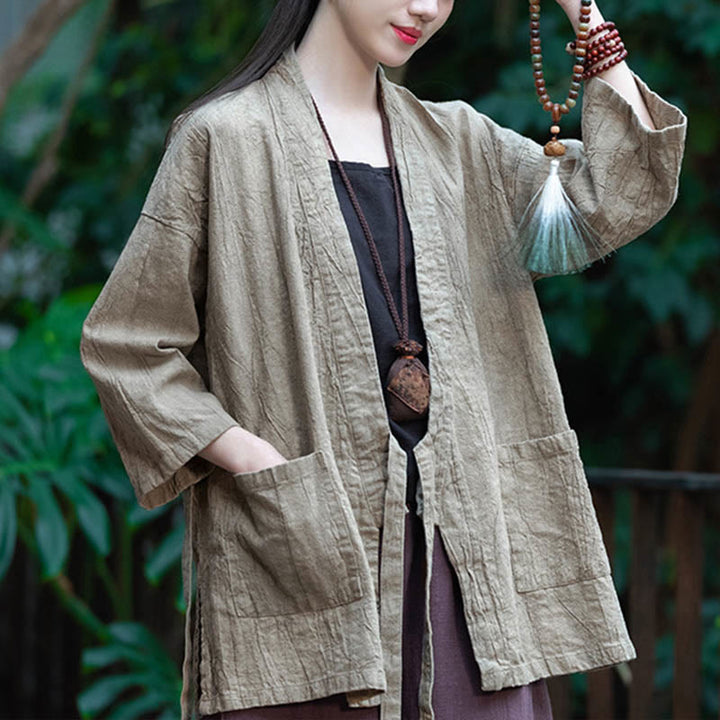 Manteau en lin ramie à manches trois-quarts avec motif Hanfu et Buddha Stones, veste ouverte sur le devant - image 7