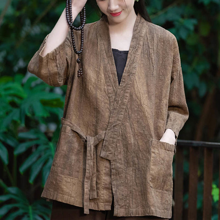 Manteau en lin ramie à manches trois-quarts avec motif Hanfu et Buddha Stones, veste ouverte sur le devant - Marron - US 4-8/10, UK/AU 8-12/14, EU 36-40/42 (F) (Manteau uniquement) - image 13