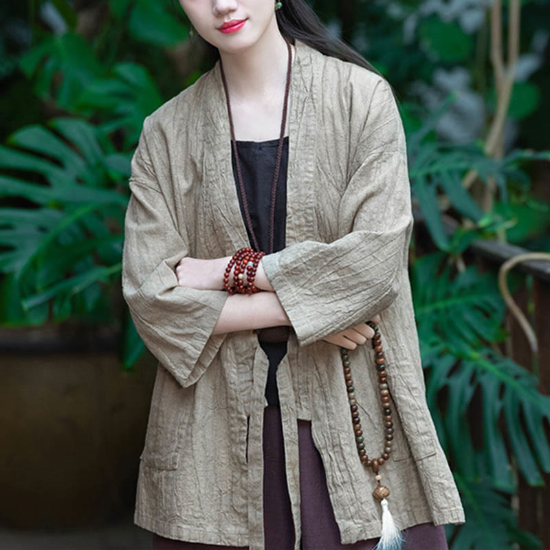 Manteau en lin ramie à manches trois-quarts avec motif Hanfu et Buddha Stones, veste ouverte sur le devant - image 5