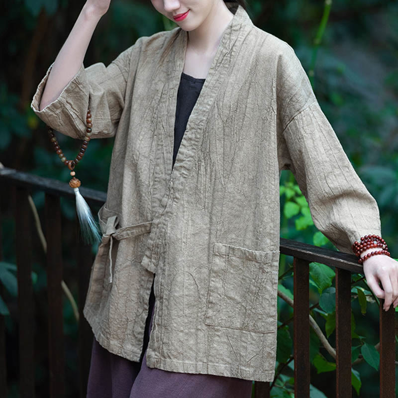 Manteau en lin ramie à manches trois-quarts avec motif Hanfu et Buddha Stones, veste ouverte sur le devant - image 3