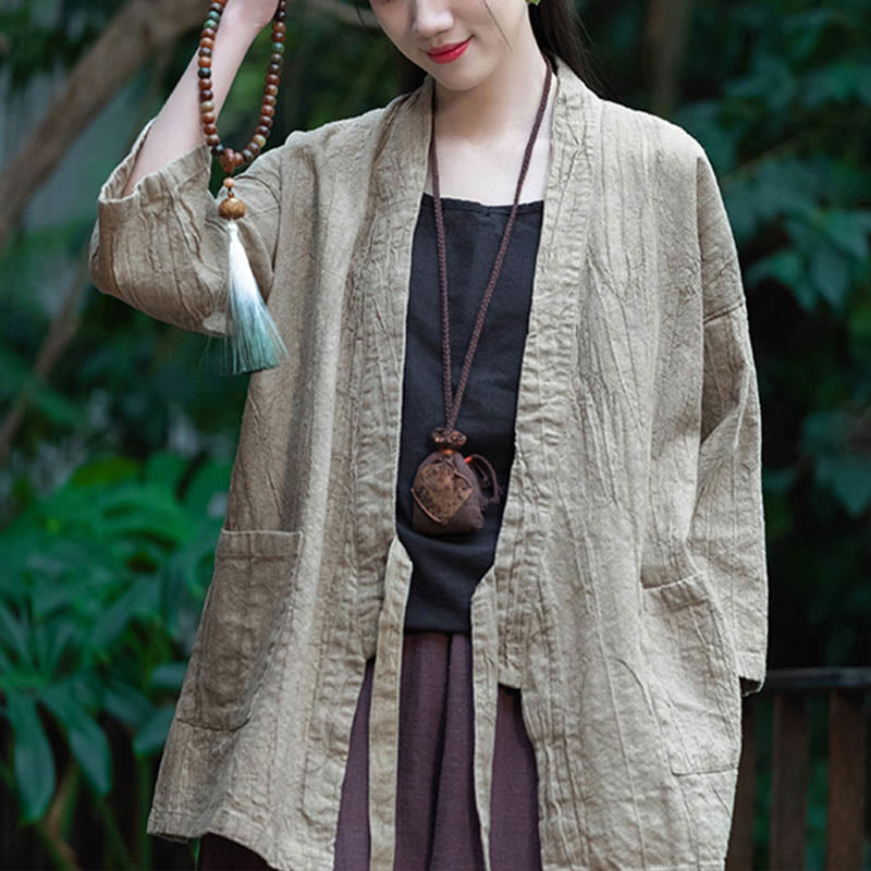 Manteau en lin ramie à manches trois-quarts avec motif Hanfu et Buddha Stones, veste ouverte sur le devant - Beige - US 4-8/10, UK/AU 8-12/14, EU 36-40/42 (F) - (Manteau uniquement) - image 0