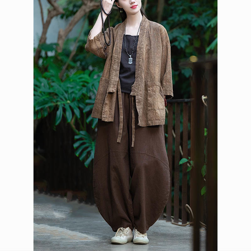 Manteau en lin ramie à manches trois-quarts avec motif Hanfu et Buddha Stones, veste ouverte sur le devant - image 25