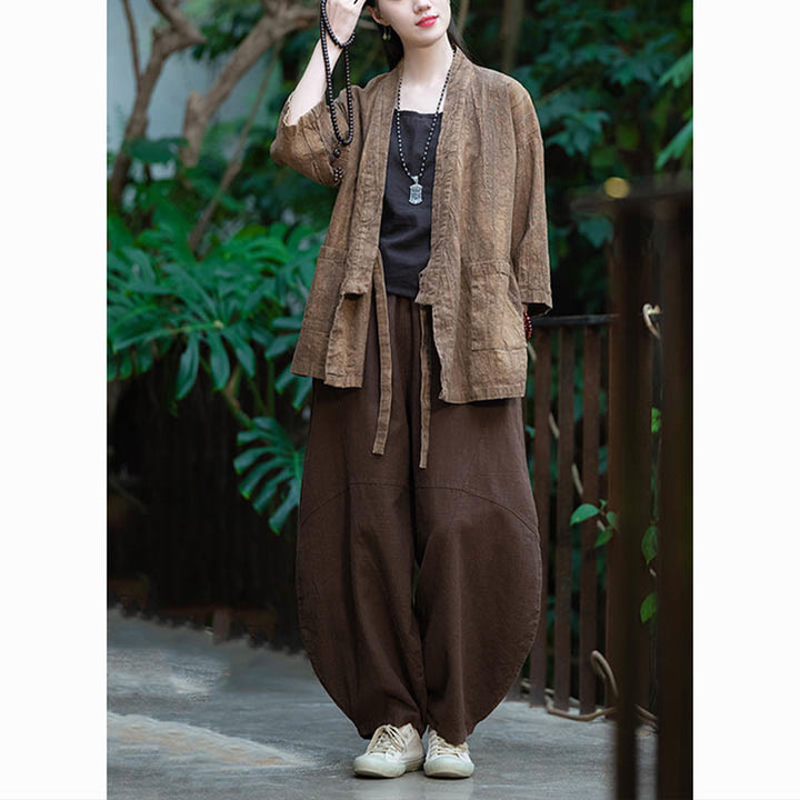 Manteau en lin ramie à manches trois-quarts avec motif Hanfu et Buddha Stones, veste ouverte sur le devant - image 25