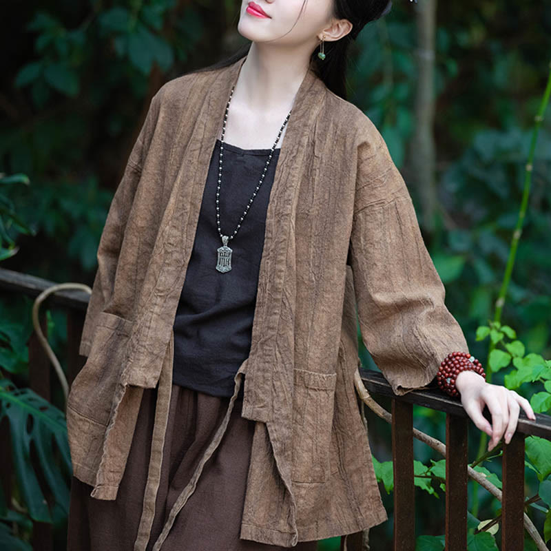 Manteau en lin ramie à manches trois-quarts avec motif Hanfu et Buddha Stones, veste ouverte sur le devant - image 19