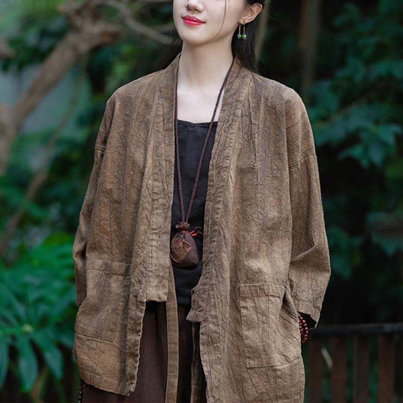 Manteau en lin ramie à manches trois-quarts avec motif Hanfu et Buddha Stones, veste ouverte sur le devant - image 17