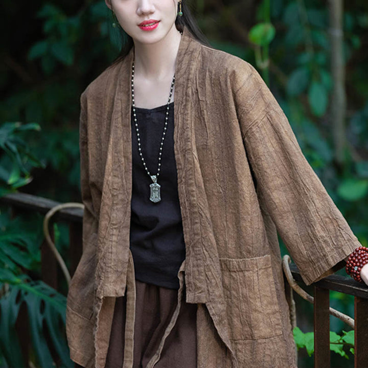 Manteau en lin ramie à manches trois-quarts avec motif Hanfu et Buddha Stones, veste ouverte sur le devant - image 18