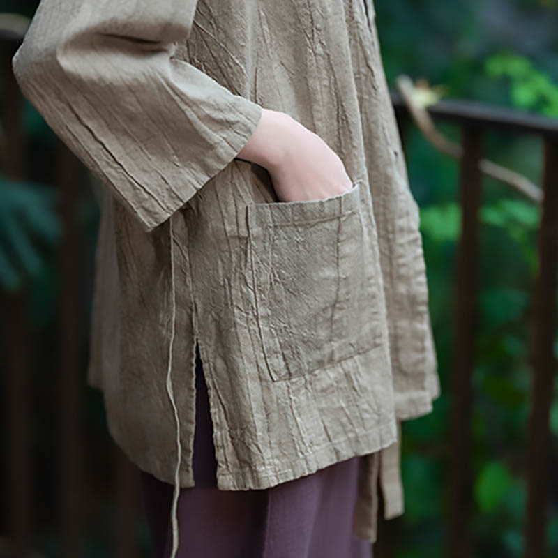 Manteau en lin ramie à manches trois-quarts avec motif Hanfu et Buddha Stones, veste ouverte sur le devant - image 11