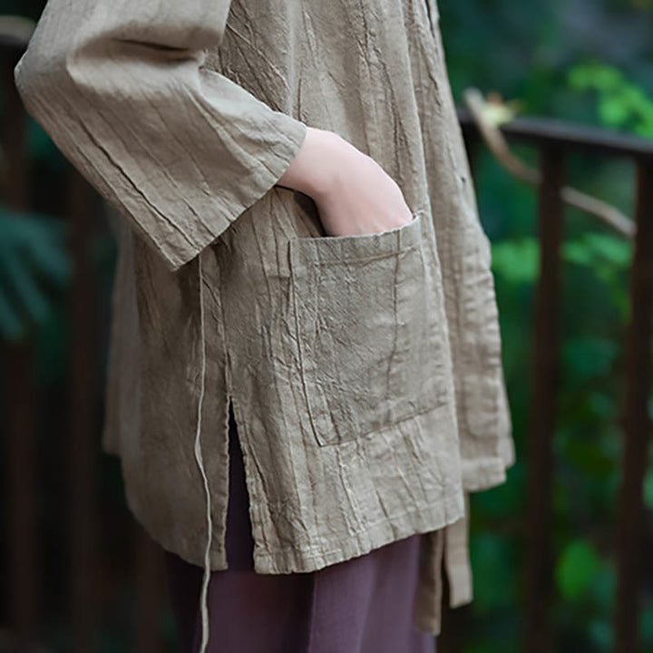 Manteau en lin ramie à manches trois-quarts avec motif Hanfu et Buddha Stones, veste ouverte sur le devant - image 11