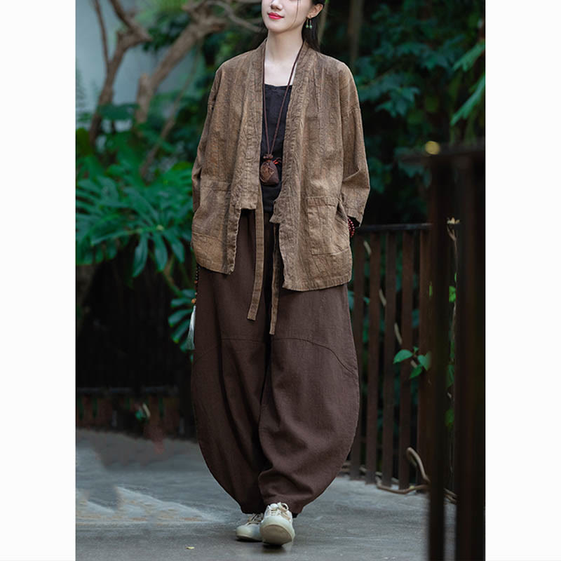 Manteau en lin ramie à manches trois-quarts avec motif Hanfu et Buddha Stones, veste ouverte sur le devant - image 24