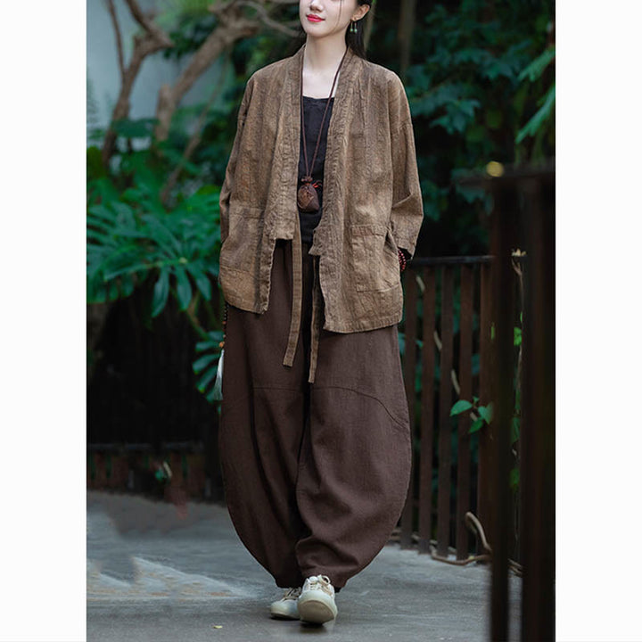 Manteau en lin ramie à manches trois-quarts avec motif Hanfu et Buddha Stones, veste ouverte sur le devant - image 24