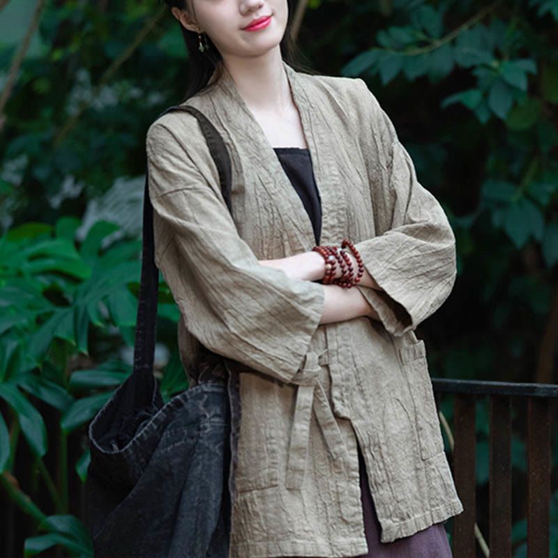 Manteau en lin ramie à manches trois-quarts avec motif Hanfu et Buddha Stones, veste ouverte sur le devant - image 6