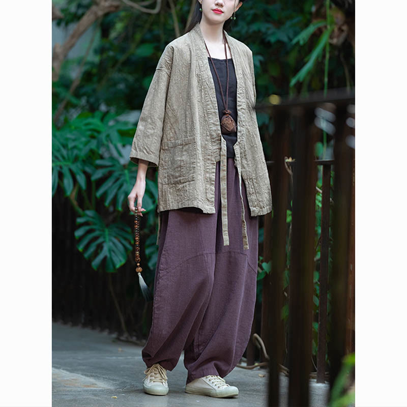 Manteau en lin ramie à manches trois-quarts avec motif Hanfu et Buddha Stones, veste ouverte sur le devant - image 9