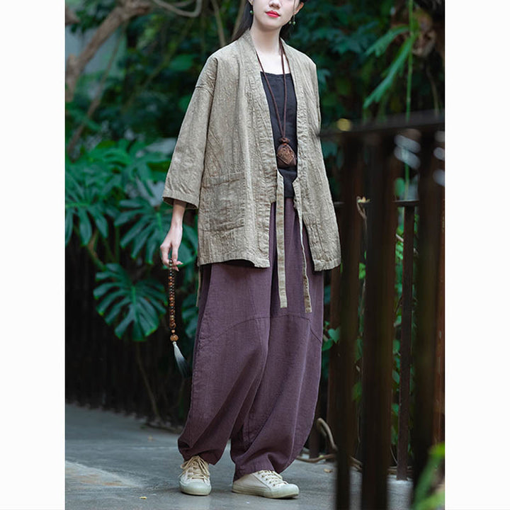 Manteau en lin ramie à manches trois-quarts avec motif Hanfu et Buddha Stones, veste ouverte sur le devant - image 9