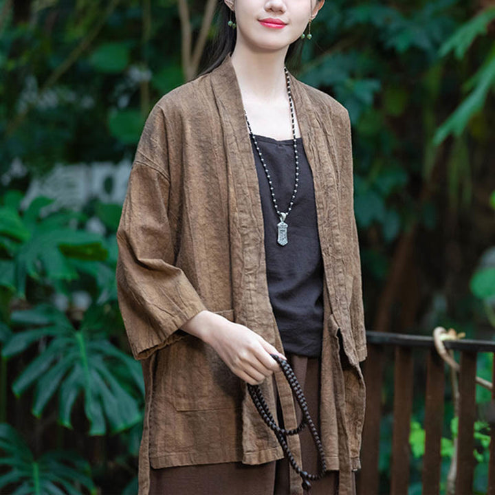 Manteau en lin ramie à manches trois-quarts avec motif Hanfu et Buddha Stones, veste ouverte sur le devant - image 20