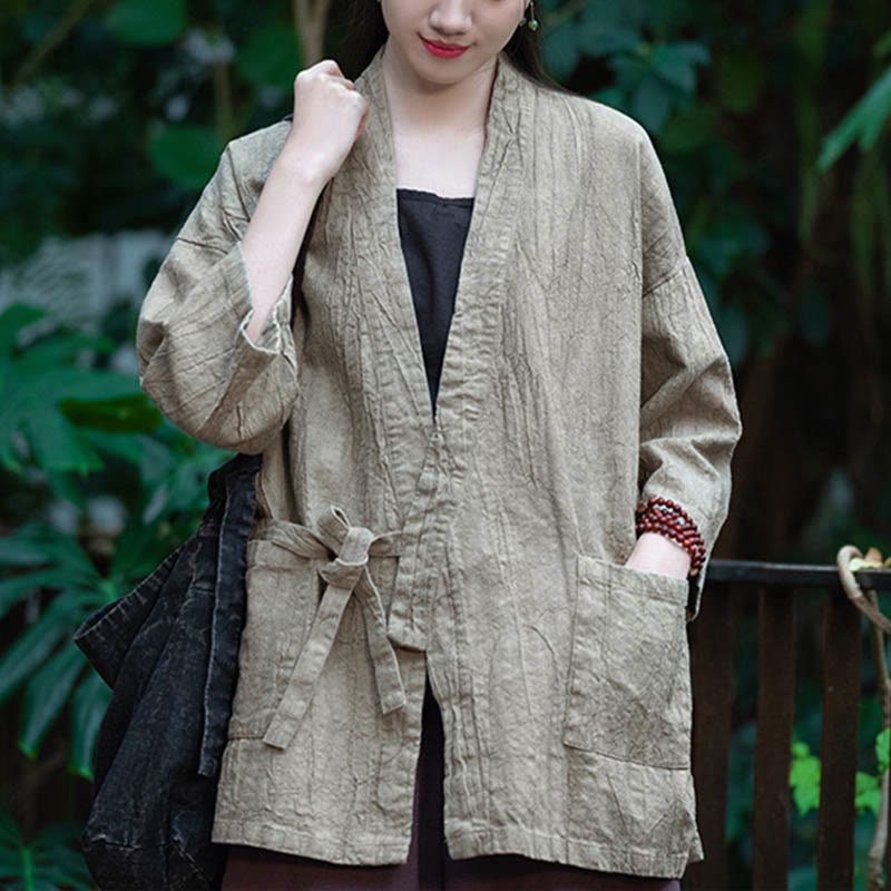 Manteau en lin ramie à manches trois-quarts avec motif Hanfu et Buddha Stones, veste ouverte sur le devant - image 8