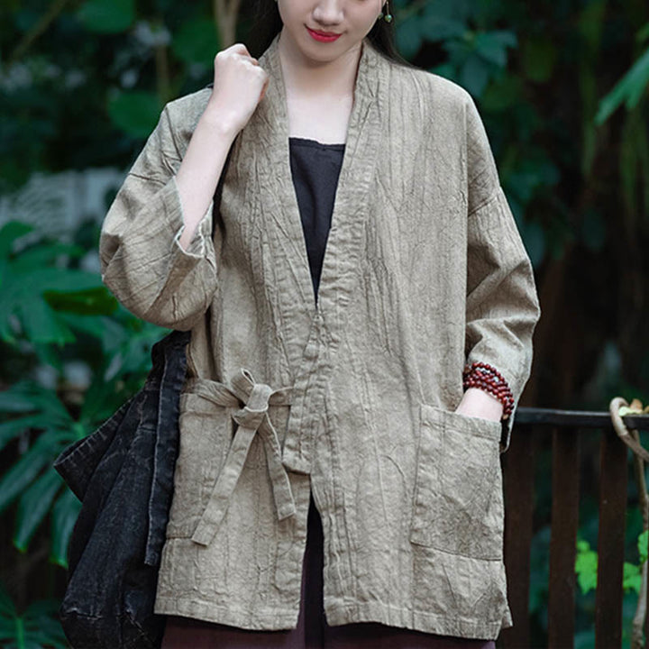 Manteau en lin ramie à manches trois-quarts avec motif Hanfu et Buddha Stones, veste ouverte sur le devant - image 8